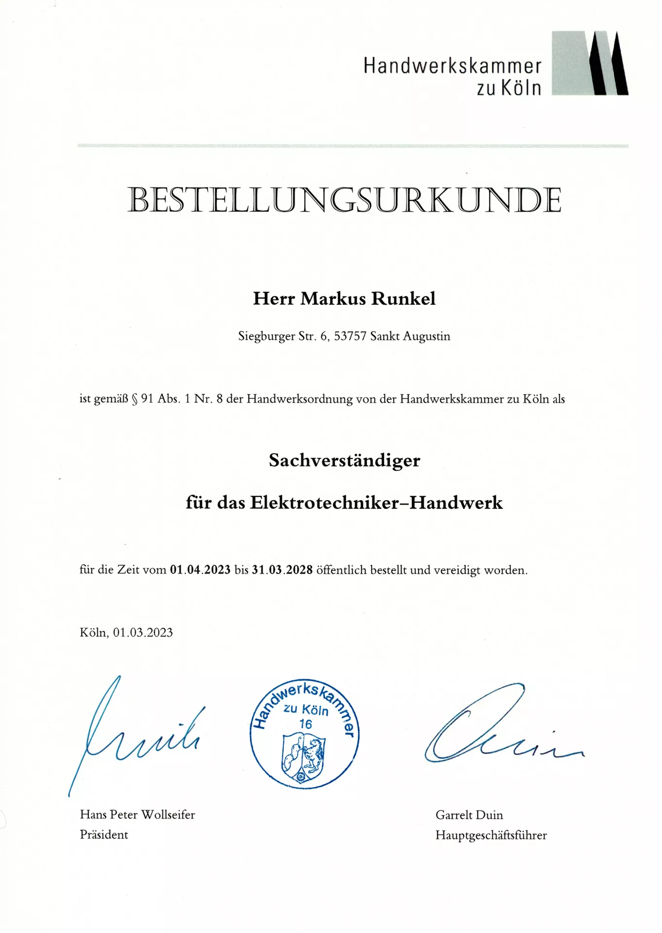 Bestellungsurkunde Elektrosachverständiger